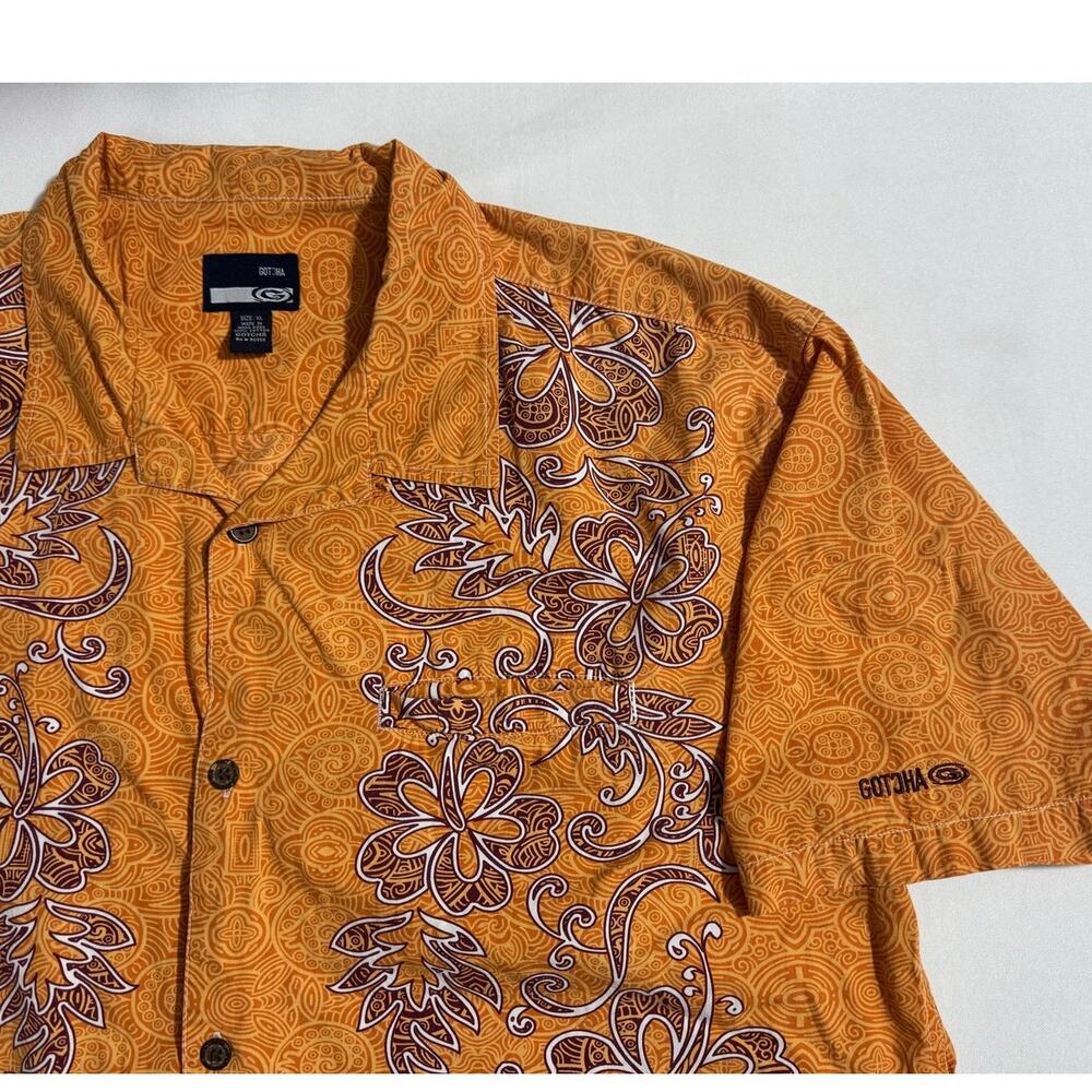 Gotcha Vintage Y2K Orange Hawaiian Button Down Shirt Size XL